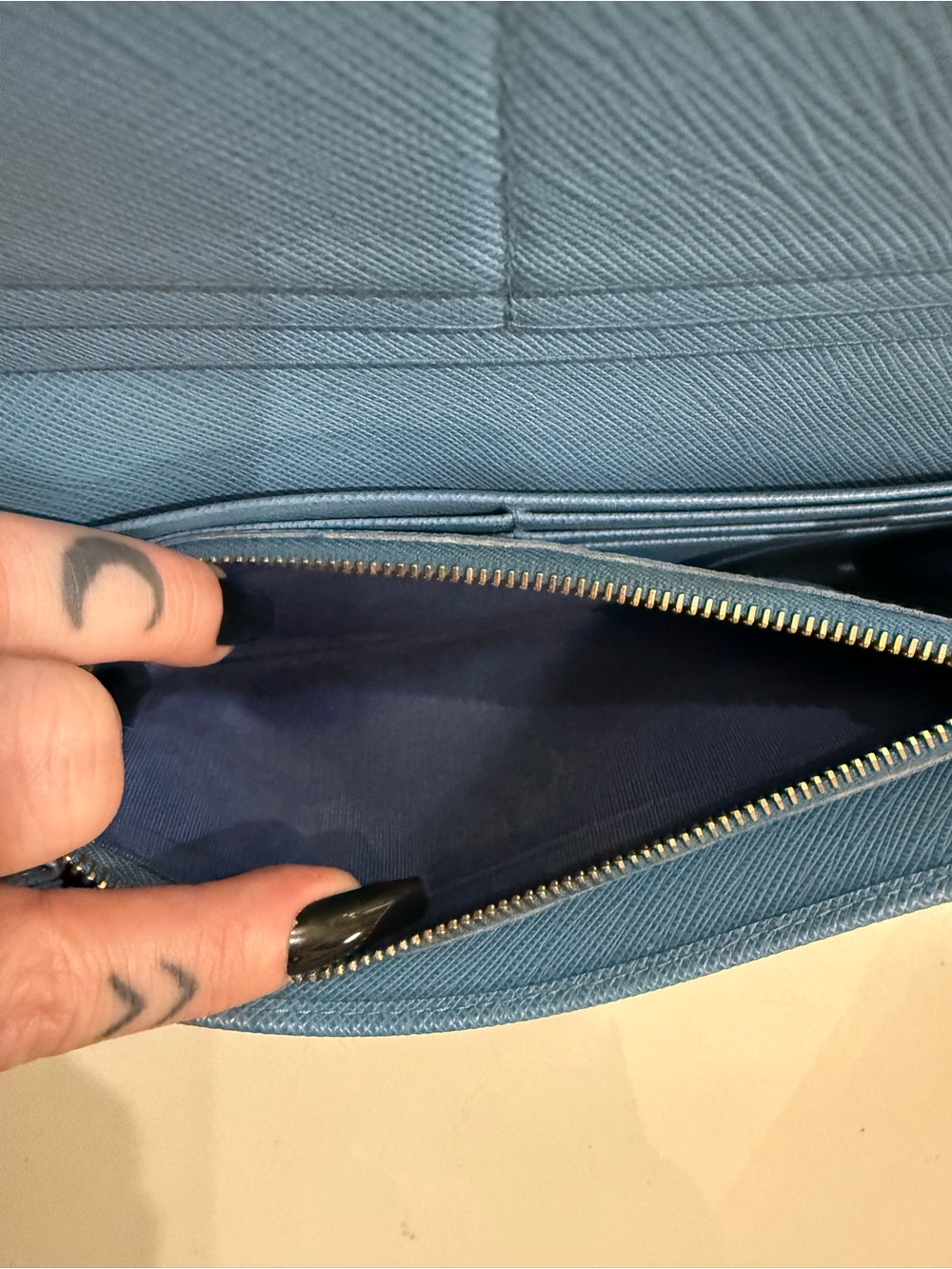 Prada Saffiano Lux Bow Continental Wallet Light Blue Gold Hardware W/ Chain Card - Picture 11 of 16